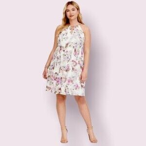 Torrid Floral Bird Print Midi Dress Ivory High Neck Flowy Chiffon Womens Size 1